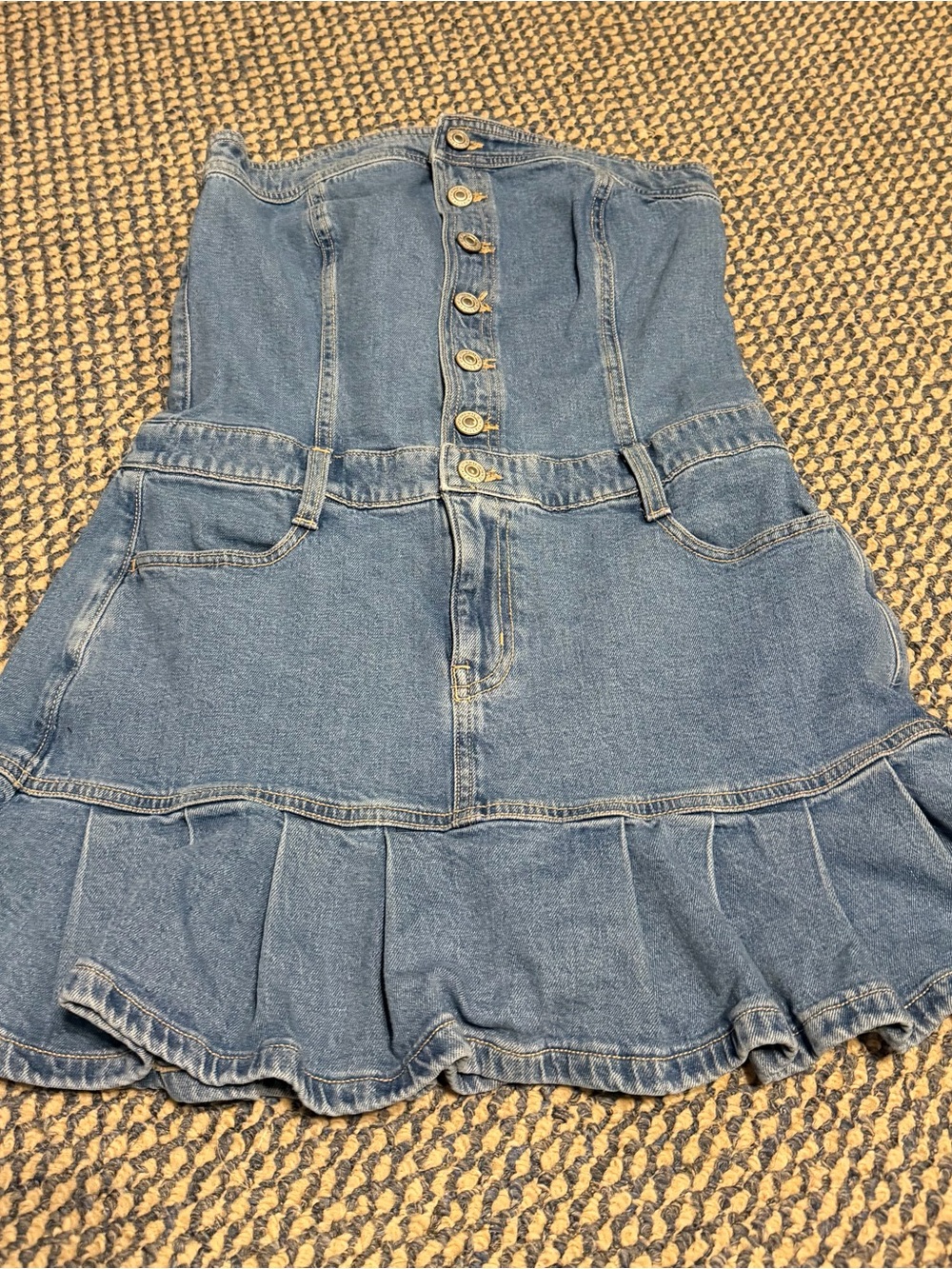 American Eagle Denim Button-Front Ruffle Hem Dress - Blue